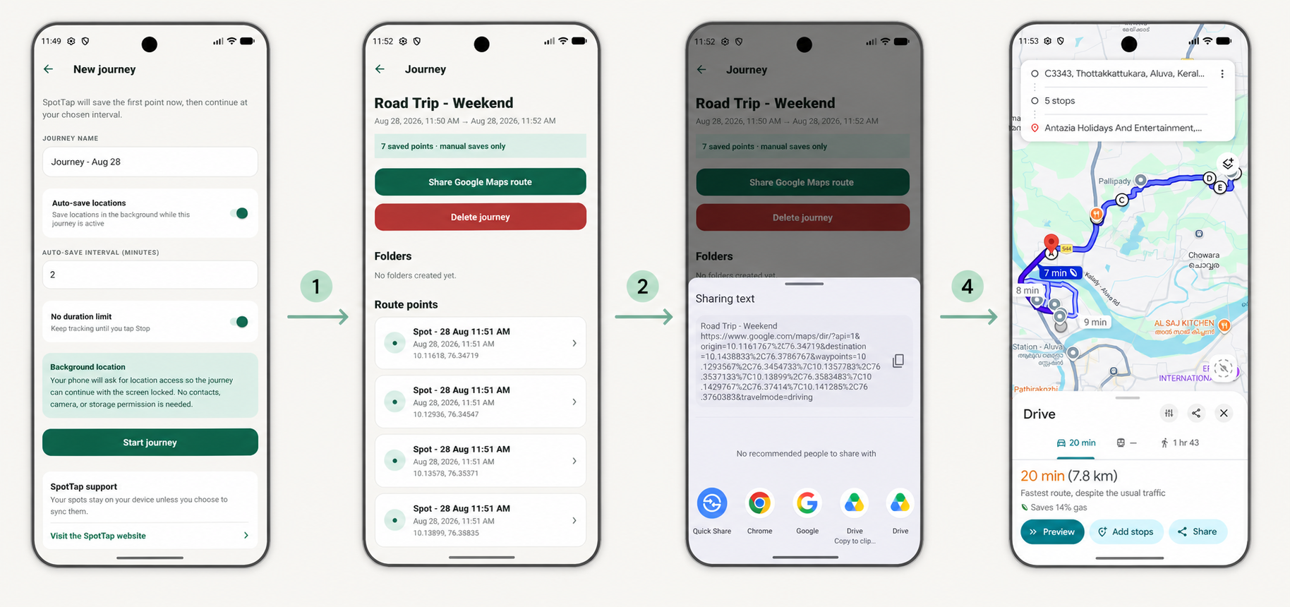 SpotTap journey setup, route sharing, and the resulting multi-stop Google Maps route